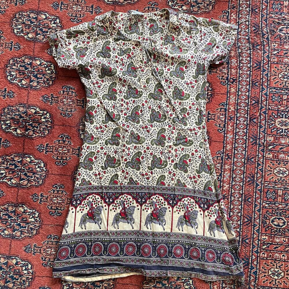 Paisley Print Size S Indian Cotton Lightweight Pullover Dress Split Neckline
